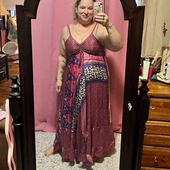 NEW Silk Summer Dress Maxi Gorgeous Full Skirt Pink Purple Floral NEW - Picture 1 of 13